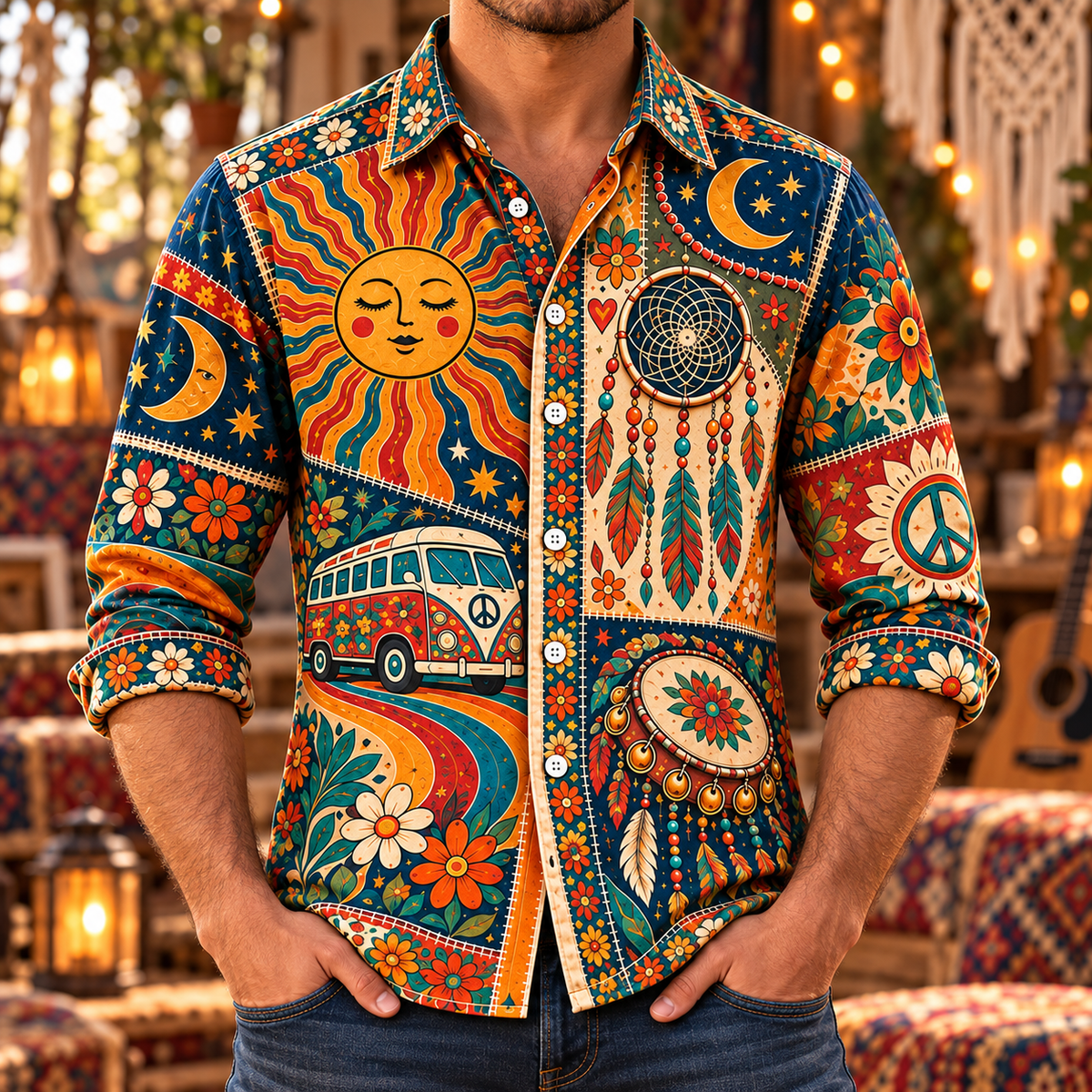 Hippie Patchwork Shirt – Colorful Boho Flower Power Shirt Version 5