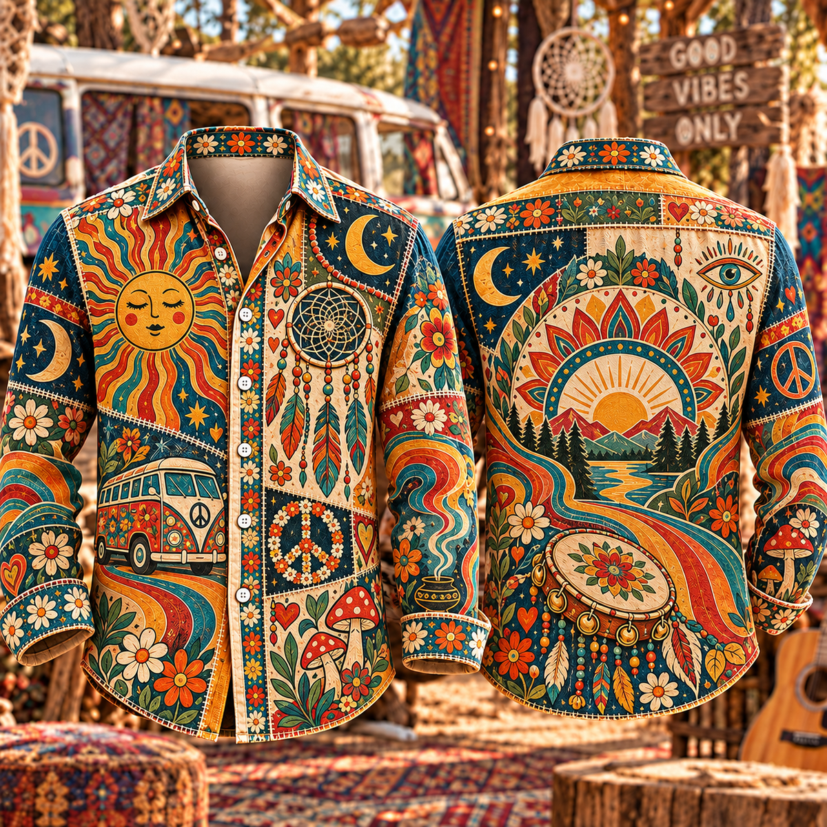Hippie Patchwork Shirt – Colorful Boho Flower Power Shirt Version 5