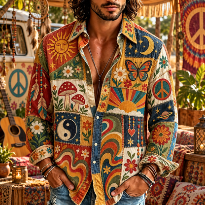 Hippie Patchwork Shirt – Colorful Boho Flower Power Shirt