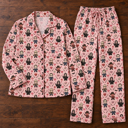 Cute Horror Characters Pink Pajama Set - Spooky Slasher All-Over Print Sleepwear