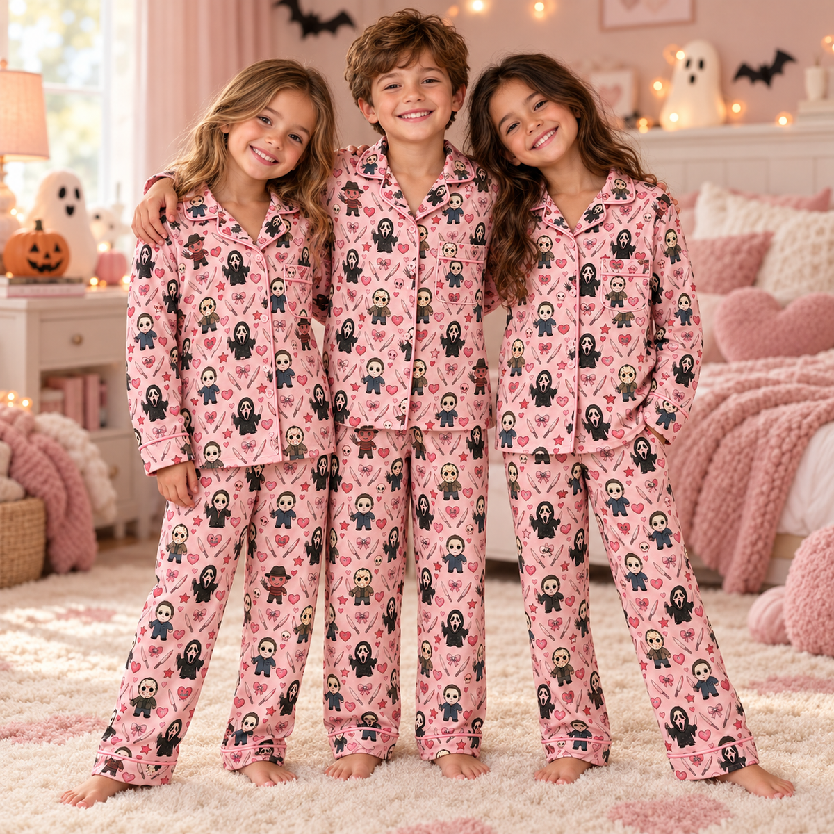Cute Horror Characters Pink Pajama Set - Spooky Slasher All-Over Print Sleepwear