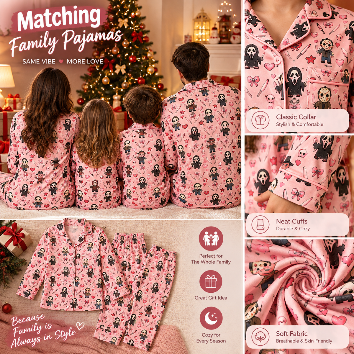 Cute Horror Characters Pink Pajama Set - Spooky Slasher All-Over Print Sleepwear