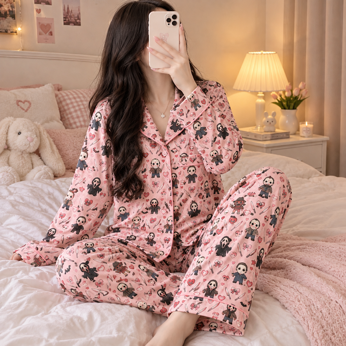 Cute Horror Characters Pink Pajama Set - Spooky Slasher All-Over Print Sleepwear