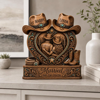 Personalized Western Couple Heart Figurine – Custom Names & Wedding Date Country Resin/Wooden Table Decor