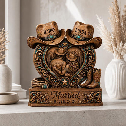 Personalized Western Couple Heart Figurine – Custom Names & Wedding Date Country Resin/Wooden Table Decor