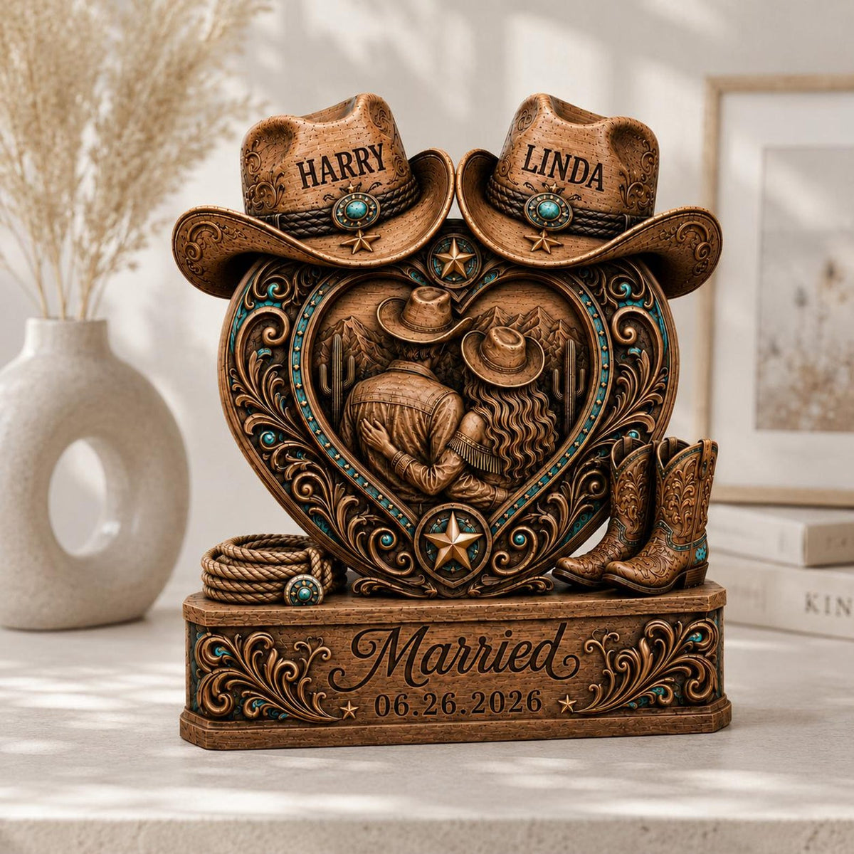 Personalized Western Couple Heart Figurine – Custom Names & Wedding Date Country Resin/Wooden Table Decor