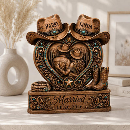 Personalized Western Couple Heart Figurine – Custom Names & Wedding Date Country Resin/Wooden Table Decor