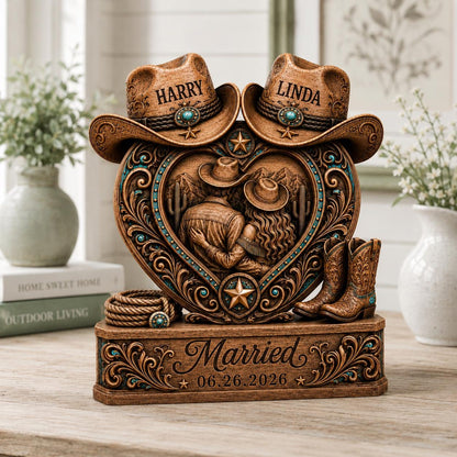 Personalized Western Couple Heart Figurine – Custom Names & Wedding Date Country Resin/Wooden Table Decor