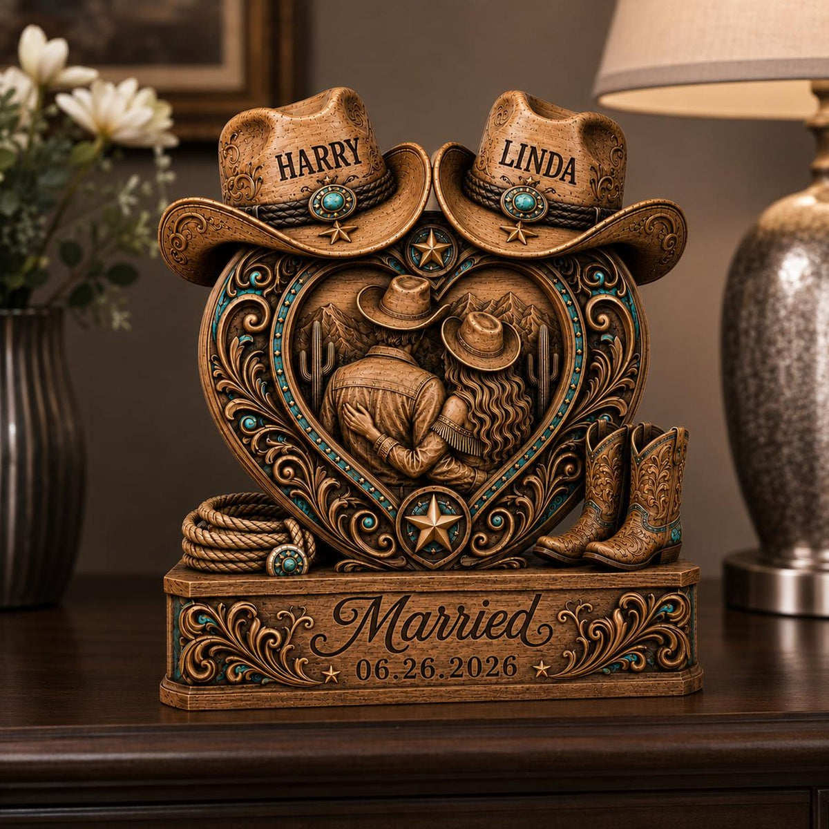Personalized Western Couple Heart Figurine – Custom Names & Wedding Date Country Resin/Wooden Table Decor