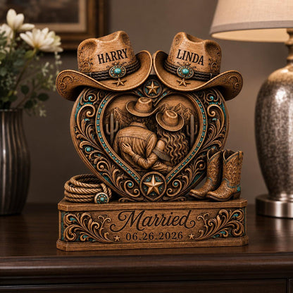Personalized Western Couple Heart Figurine – Custom Names & Wedding Date Country Resin/Wooden Table Decor