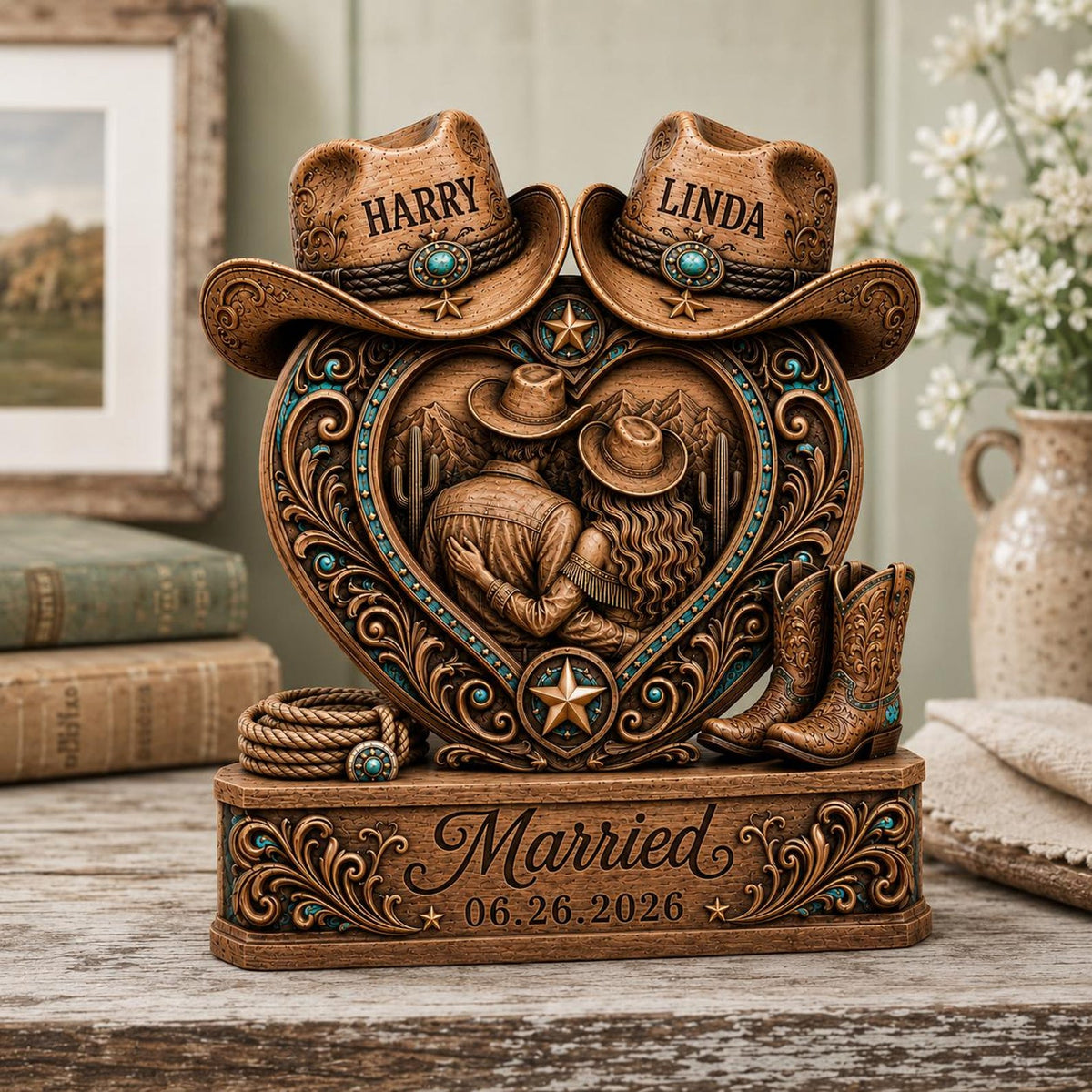 Personalized Western Couple Heart Figurine – Custom Names & Wedding Date Country Resin/Wooden Table Decor