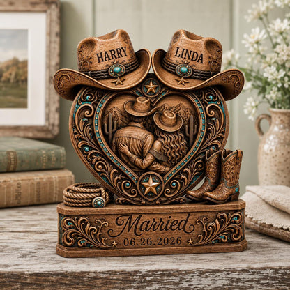Personalized Western Couple Heart Figurine – Custom Names & Wedding Date Country Resin/Wooden Table Decor