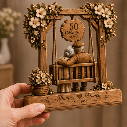 Personalized 50th Anniversary Wooden Block Sign – Custom Swing Elderly Couple Figurine Desk Ornament for Grandparents & Parents