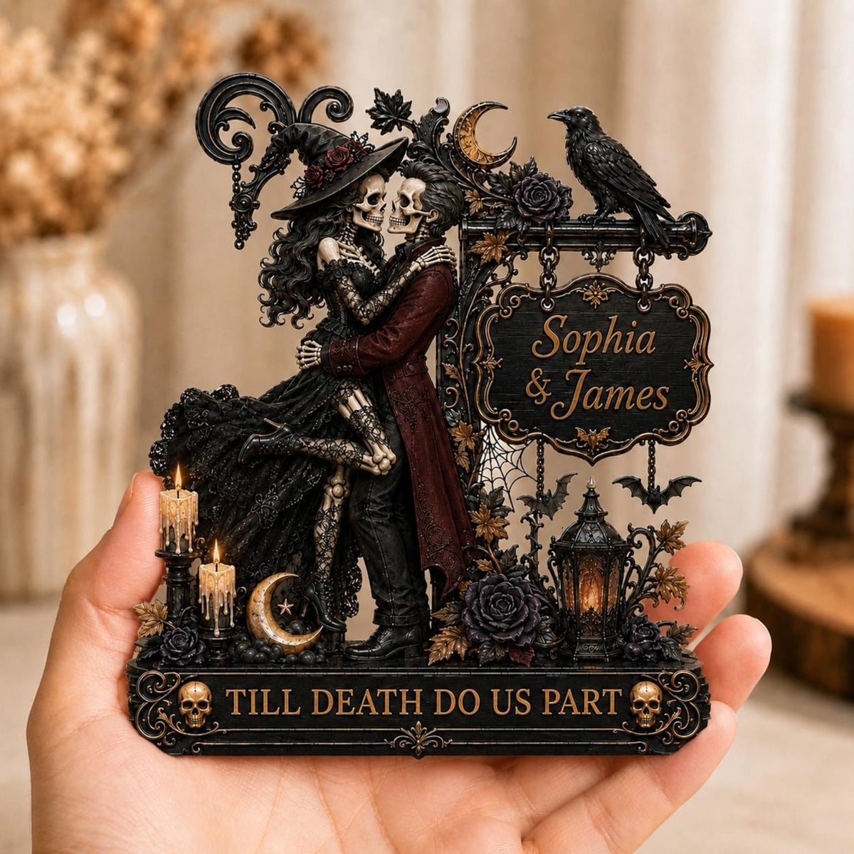 Personalized Skeleton Couple Wooden Standee, Witch and Wizard Kissing Sign, Till Death Do Us Part Decor, Gothic Wedding Gift