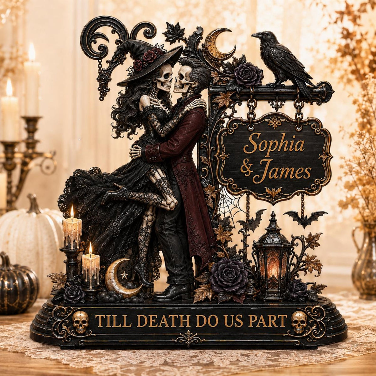 Personalized Skeleton Couple Wooden Standee, Witch and Wizard Kissing Sign, Till Death Do Us Part Decor, Gothic Wedding Gift