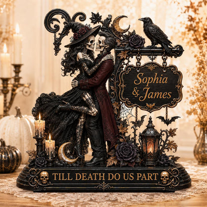 Personalized Skeleton Couple Wooden Standee, Witch and Wizard Kissing Sign, Till Death Do Us Part Decor, Gothic Wedding Gift