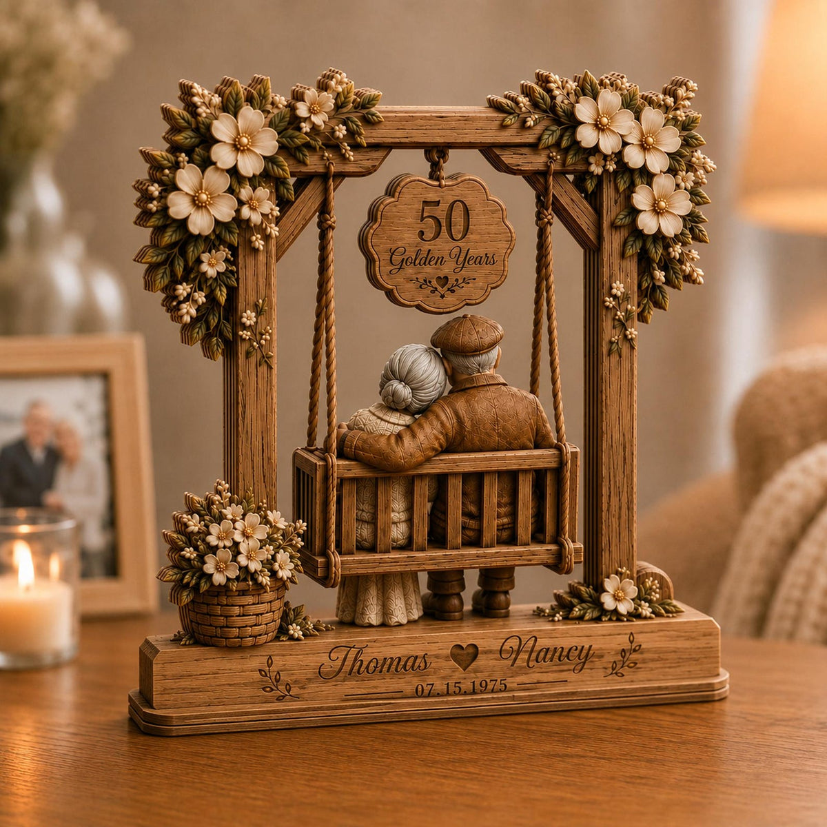 Personalized 50th Anniversary Wooden Block Sign – Custom Swing Elderly Couple Figurine Desk Ornament for Grandparents & Parents