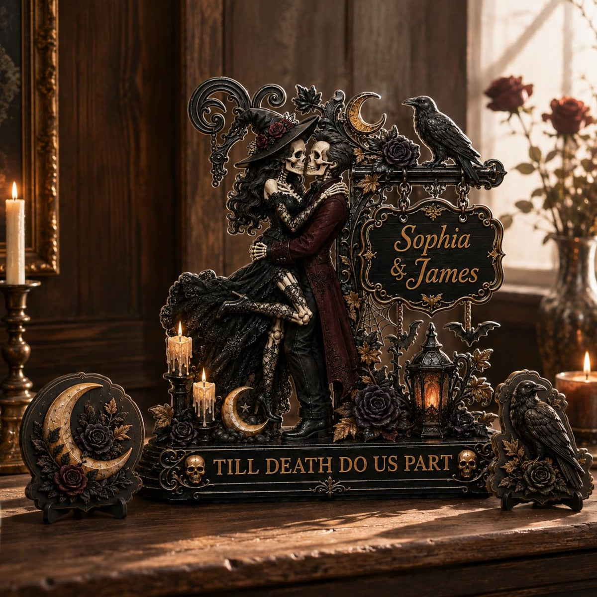Personalized Skeleton Couple Wooden Standee, Witch and Wizard Kissing Sign, Till Death Do Us Part Decor, Gothic Wedding Gift