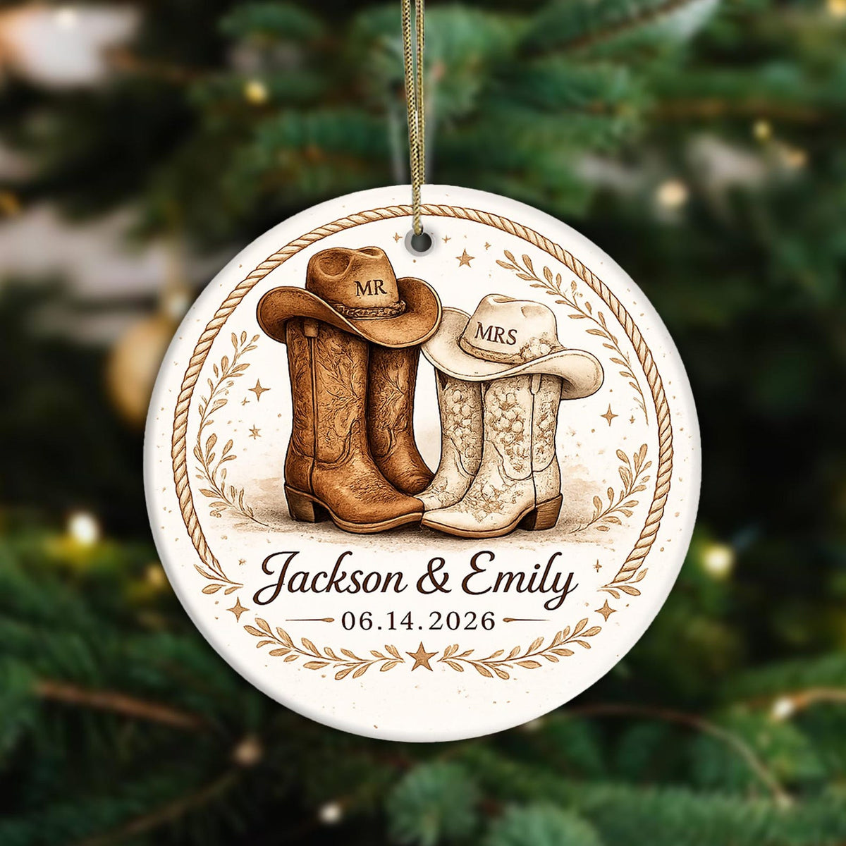 Personalized Country Wedding Ornament - Custom Cowboy Boots & Hats Mr and Mrs Christmas Tree Decor