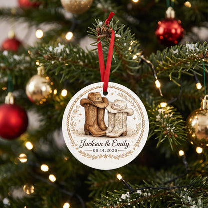Personalized Country Wedding Ornament - Custom Cowboy Boots & Hats Mr and Mrs Christmas Tree Decor