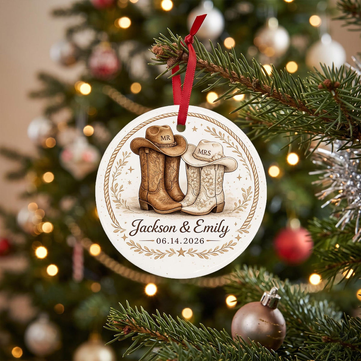 Personalized Country Wedding Ornament - Custom Cowboy Boots & Hats Mr and Mrs Christmas Tree Decor