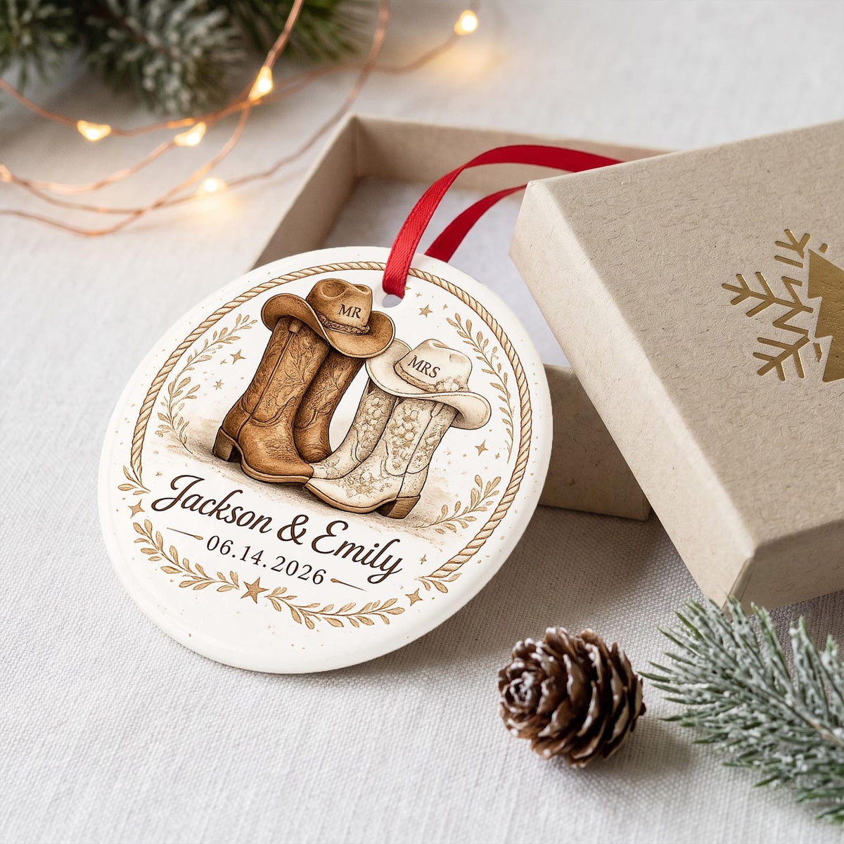 Personalized Country Wedding Ornament - Custom Cowboy Boots & Hats Mr and Mrs Christmas Tree Decor