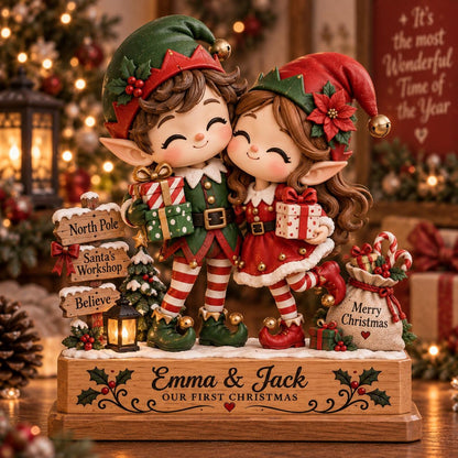 Personalized Christmas Elf Couple Decor, Our First Christmas Gift, Custom Couple Name Holiday Tabletop Block