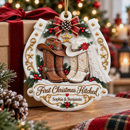 Personalized First Christmas Married 3D Relief White Acrylic Ornament, Western Cowboy Couple Keepsake
