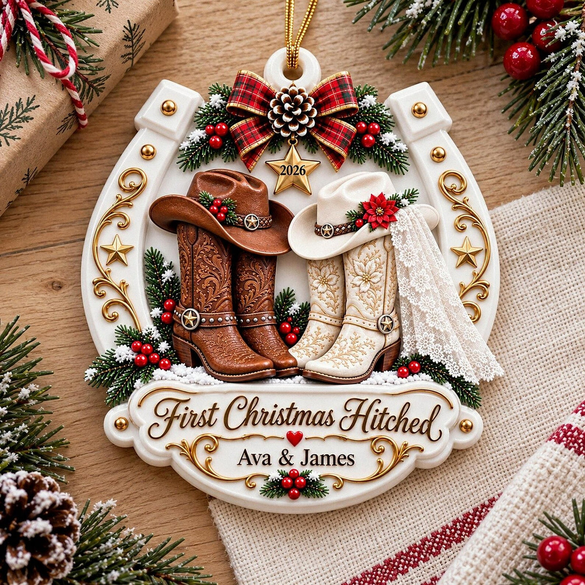 Personalized First Christmas Married 3D Relief White Acrylic Ornament, Western Cowboy Couple Keepsake