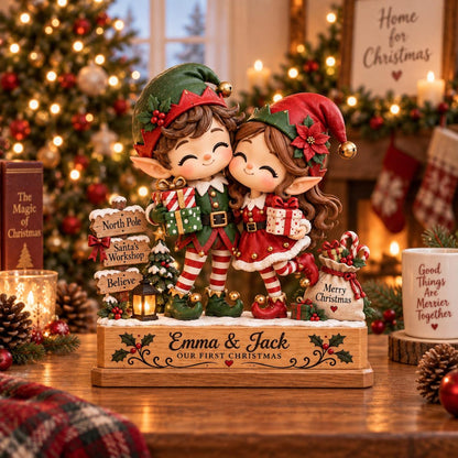 Personalized Christmas Elf Couple Decor, Our First Christmas Gift, Custom Couple Name Holiday Tabletop Block