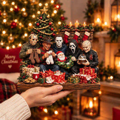 Horror Movie Killers Christmas Wooden Block Sign, Spooky Christmas Holiday Characters Wood Decor