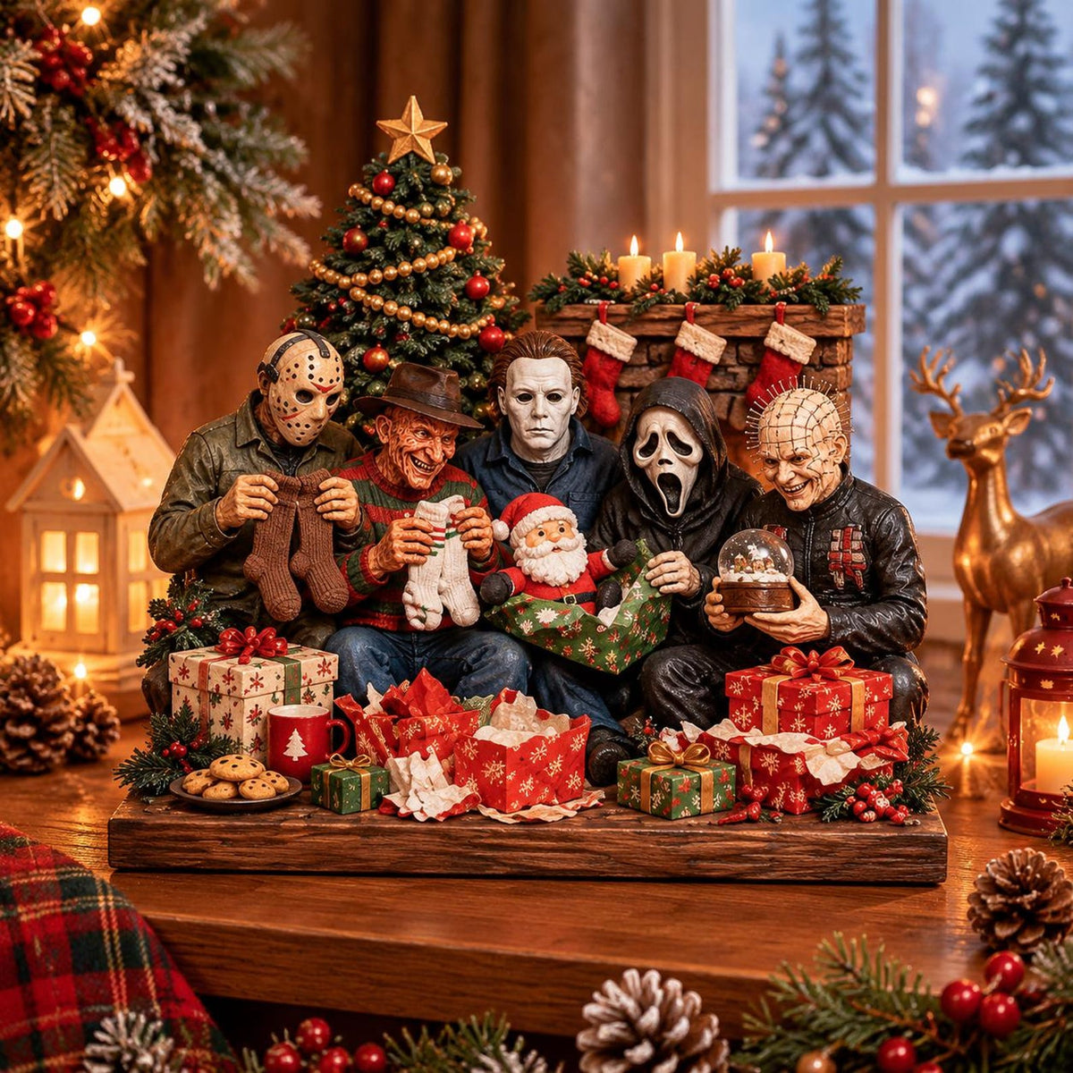 Horror Movie Killers Christmas Wooden Block Sign, Spooky Christmas Holiday Characters Wood Decor