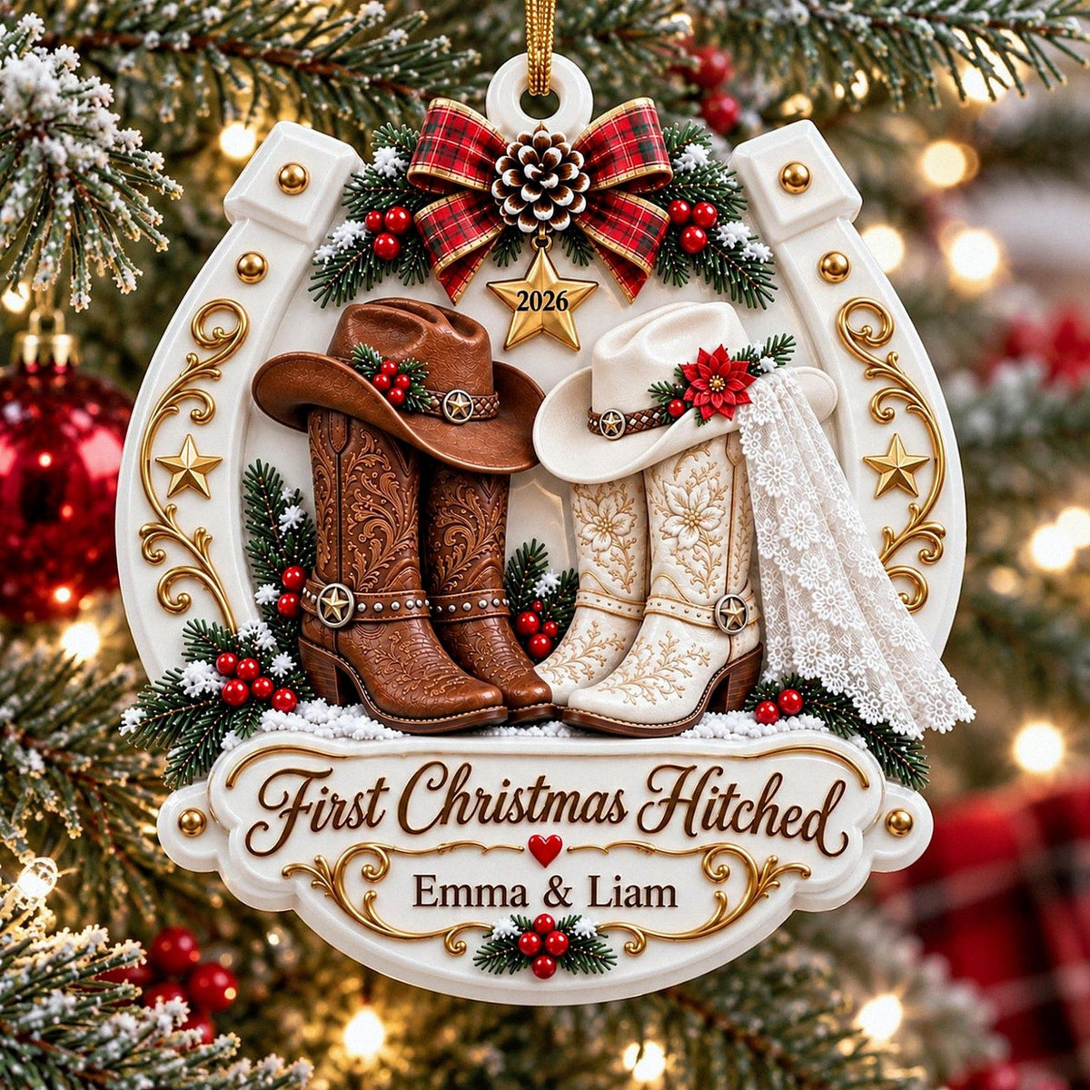 Personalized First Christmas Married 3D Relief White Acrylic Ornament, Western Cowboy Couple Keepsake