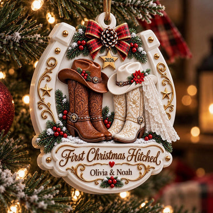Personalized First Christmas Married 3D Relief White Acrylic Ornament, Western Cowboy Couple Keepsake