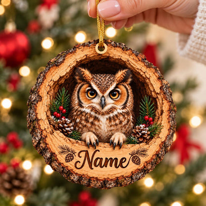 Personalized Owl Wood Slice Christmas Ornament, Wildlife Animal Lover Gift