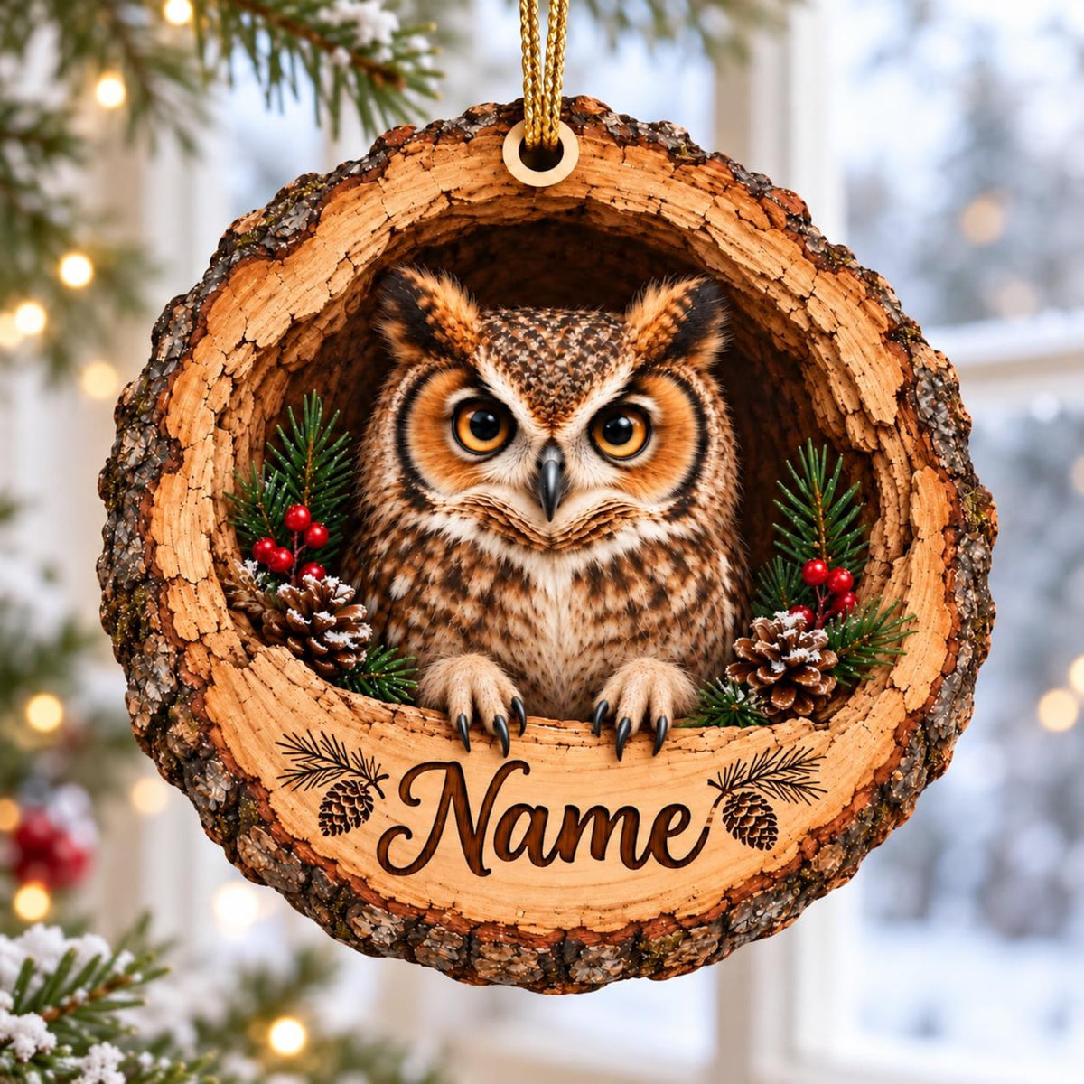 Personalized Owl Wood Slice Christmas Ornament, Wildlife Animal Lover Gift