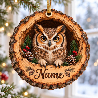 Personalized Owl Wood Slice Christmas Ornament, Wildlife Animal Lover Gift