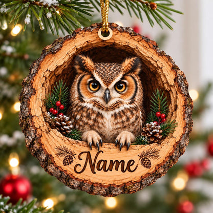 Personalized Owl Wood Slice Christmas Ornament, Wildlife Animal Lover Gift