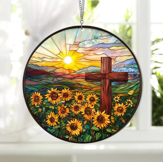 Sunflower and Cross Acrylic Ornament, Floral Window Hanging Ornament