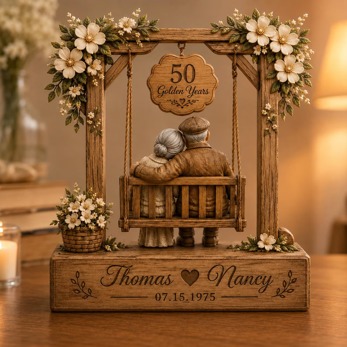 Personalized 50th Anniversary Wooden Block Sign – Custom Swing Elderly Couple Figurine Desk Ornament for Grandparents & Parents