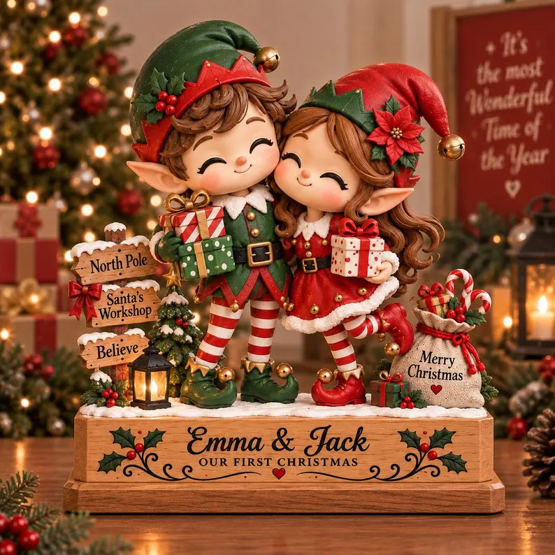 Personalized Christmas Elf Couple Decor, Our First Christmas Gift, Custom Couple Name Holiday Tabletop Block
