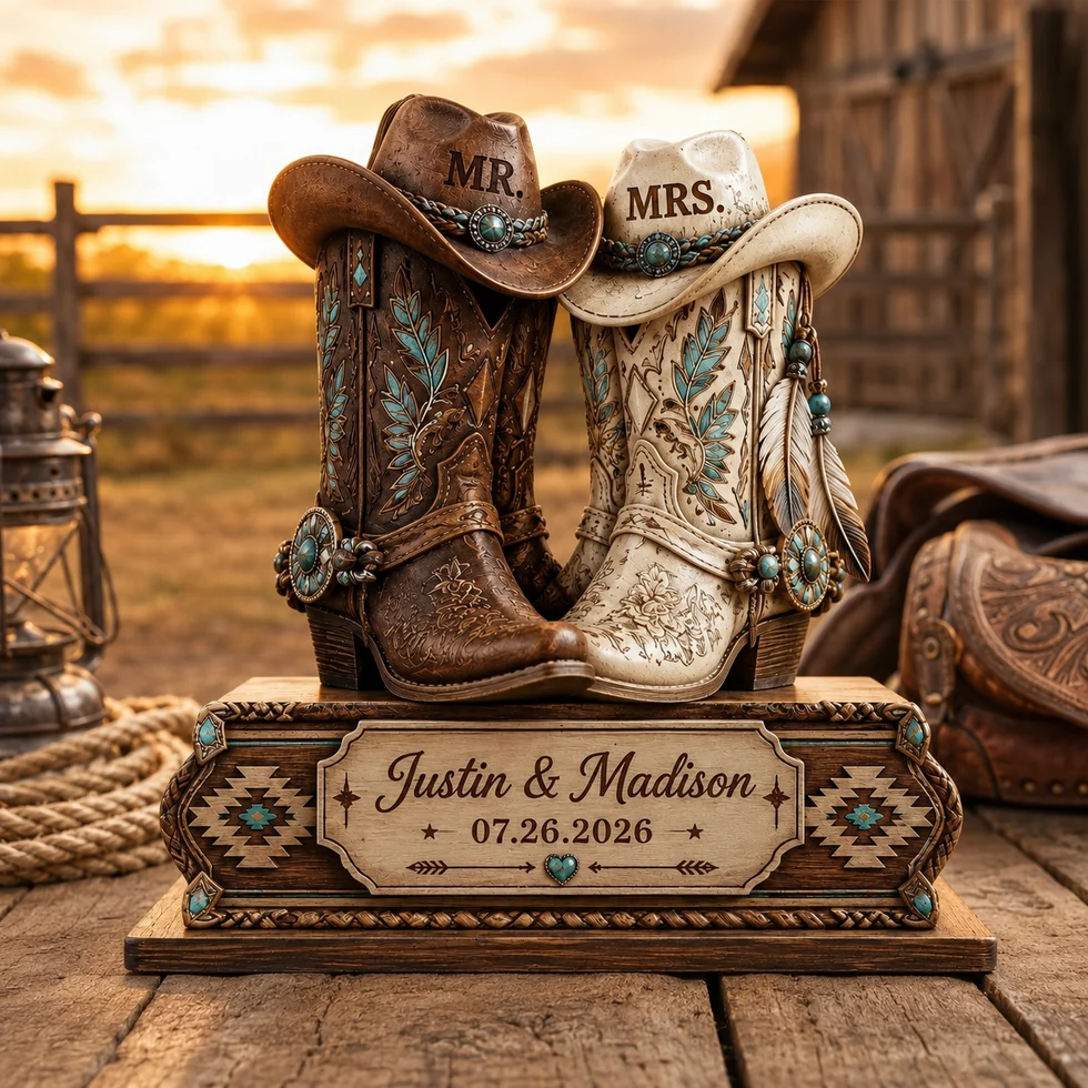 Personalized Cowboy Boots Wedding Plaque, Custom Mr & Mrs Western Couple Table Decor, Anniversary Keepsake Gift