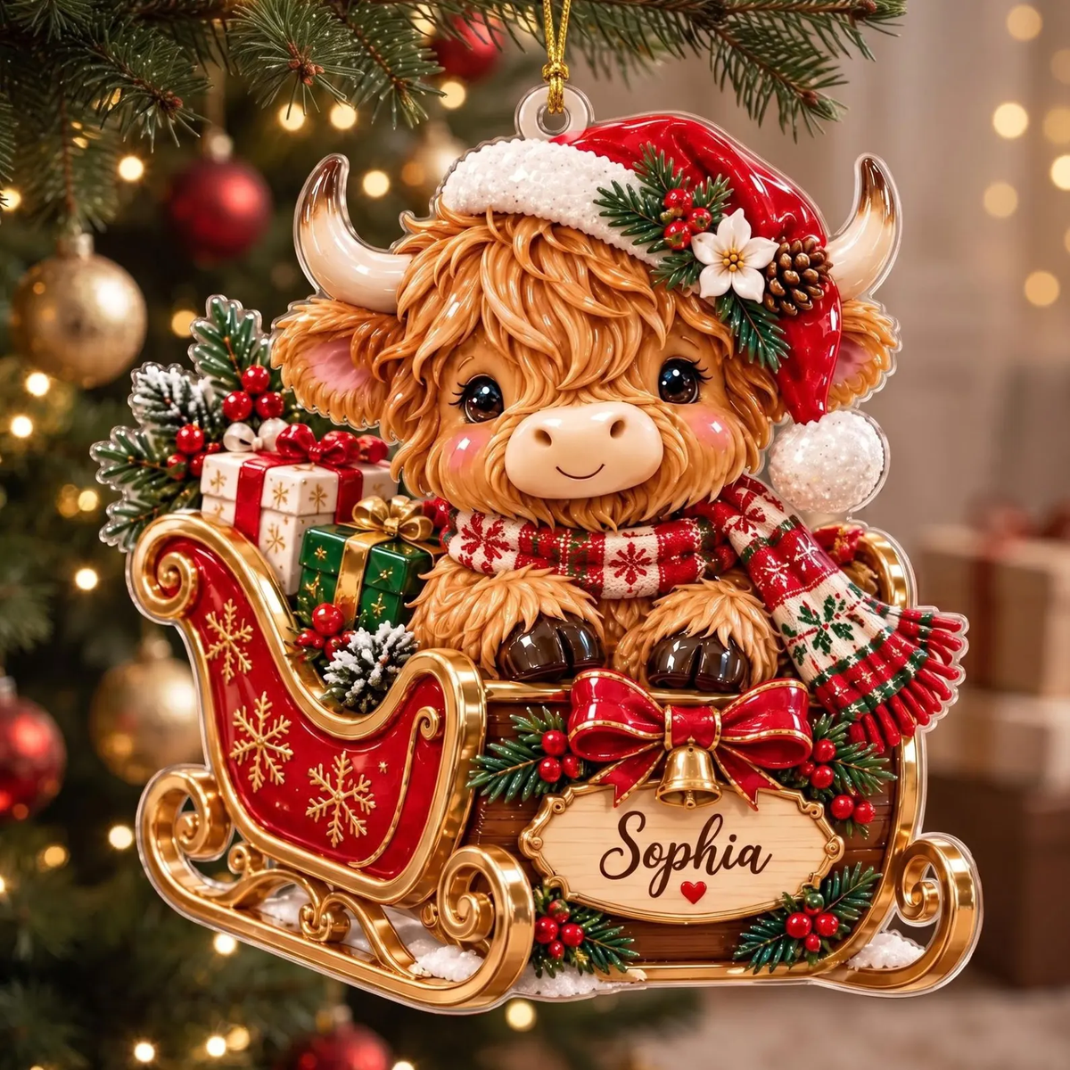 Custom Highland Cow Sleigh Acrylic Ornament, Personalized Name Christmas Decor, Farmhouse Gift