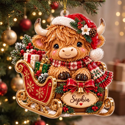 Custom Highland Cow Sleigh Acrylic Ornament, Personalized Name Christmas Decor, Farmhouse Gift