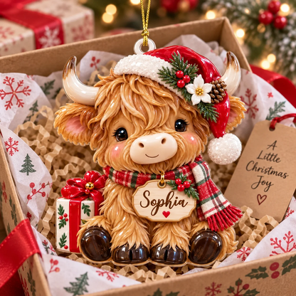 Personalized Highland Cow Christmas Ornament, Cow Farm 3D Relief Acrylic Ornament, Cute Cow Xmas Tree Decor Gift