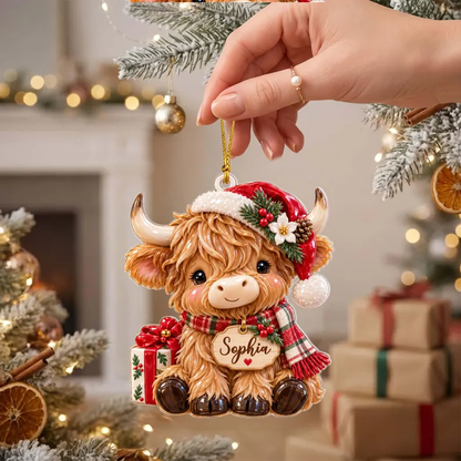 Personalized Highland Cow Christmas Ornament, Cow Farm 3D Relief Acrylic Ornament, Cute Cow Xmas Tree Decor Gift