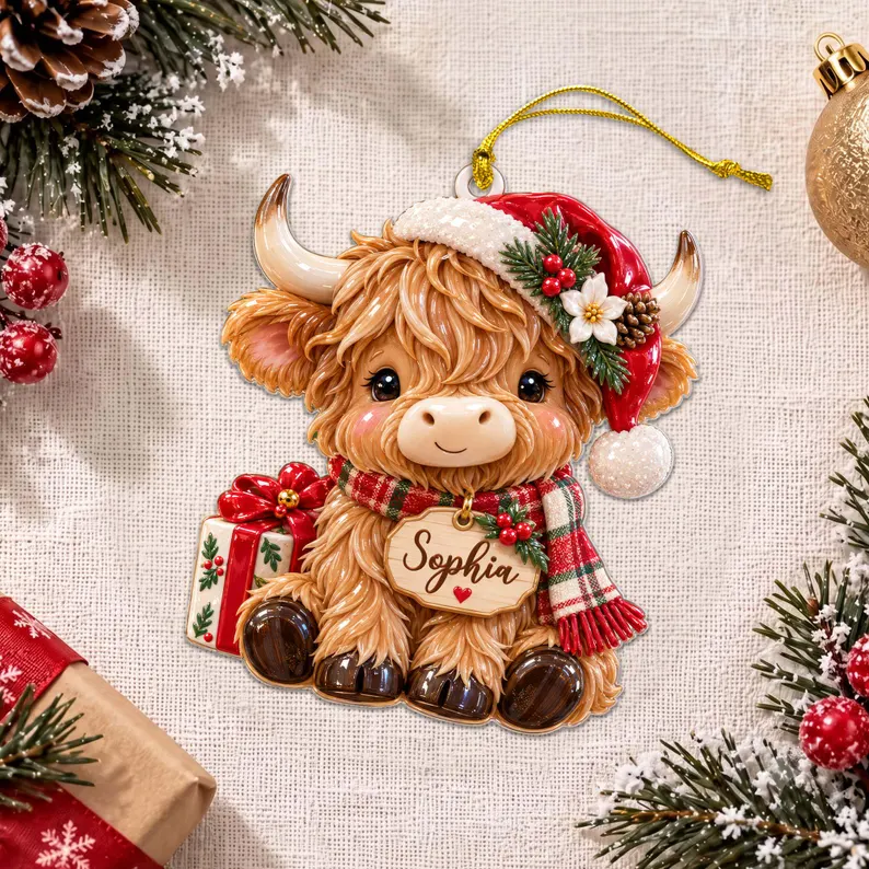 Personalized Highland Cow Christmas Ornament, Cow Farm 3D Relief Acrylic Ornament, Cute Cow Xmas Tree Decor Gift