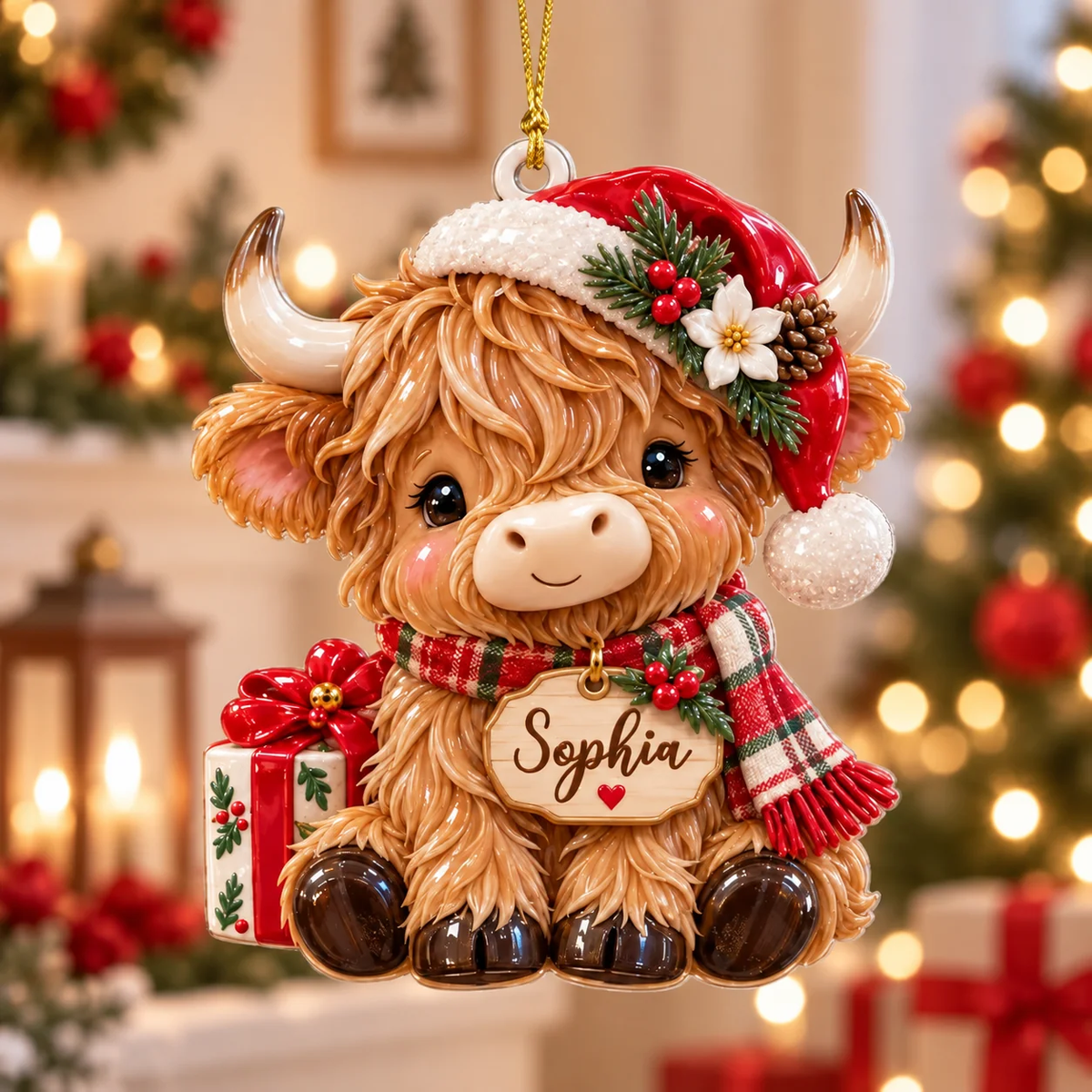Personalized Highland Cow Christmas Ornament, Cow Farm 3D Relief Acrylic Ornament, Cute Cow Xmas Tree Decor Gift