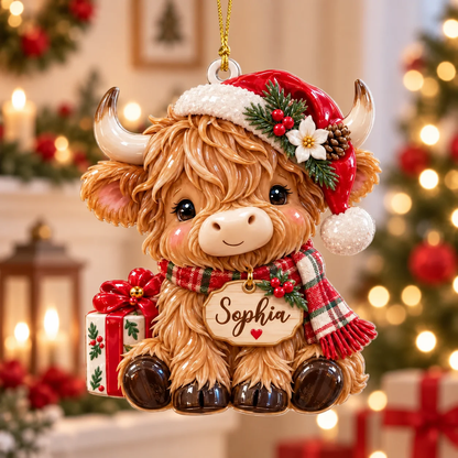 Personalized Highland Cow Christmas Ornament, Cow Farm 3D Relief Acrylic Ornament, Cute Cow Xmas Tree Decor Gift