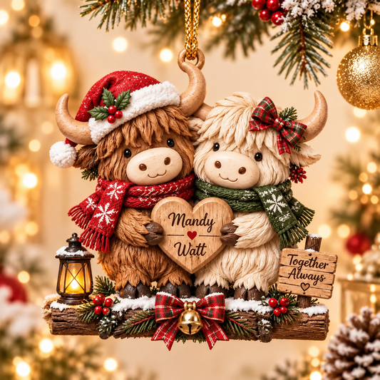 Personalized Highland Cow Couple Christmas Ornament, Custom Name Cute Highland Cow Acrylic Ornament, Couple Xmas Tree Decor Gift for Married Husband Wife